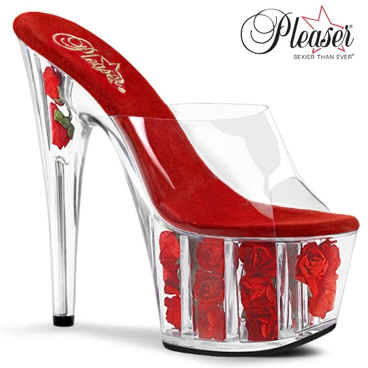 キャバ ヒール ミュール サンダル 厚底 Pleaser プリーザー 18 cm ヒール ハイヒール 赤 レッド クリア フラワー 花 大きいサイズ 靴 レディース メンズ 取寄 | Pleaser