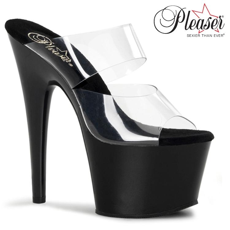 Pleaser プリーザー ミュール サンダル 厚底 18 cm ヒール クリア ダブルベルト 黒 ブラック 大きいサイズ ハイヒール キャバ ヒール 靴 レディース メンズ 取寄 | Pleaser