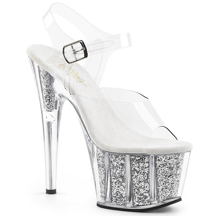 キャバ ヒール サンダル 厚底 Pleaser プリーザー 18 cm ヒール クリア 銀 シルバー グリッター ストラップ ハイヒール 大きいサイズ 靴 レディース メンズ 取寄 | Pleaser