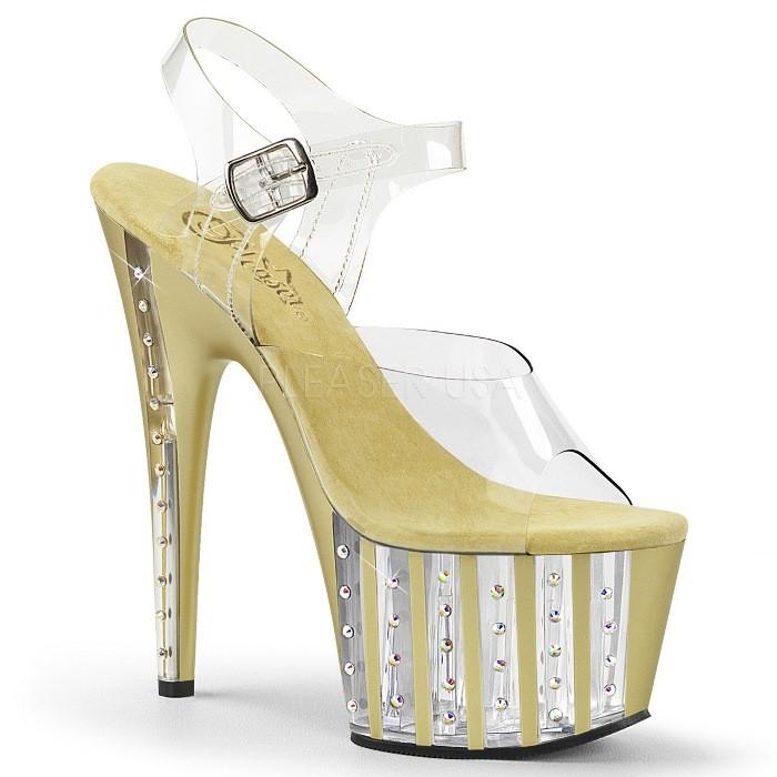 Pleaser プリーザー サンダル キャバ ヒール 厚底 レディース メンズ 18 cm ヒール クリア 金色 ゴールド ラインストーン アンクルストラップ ハイヒール 取寄 | Pleaser