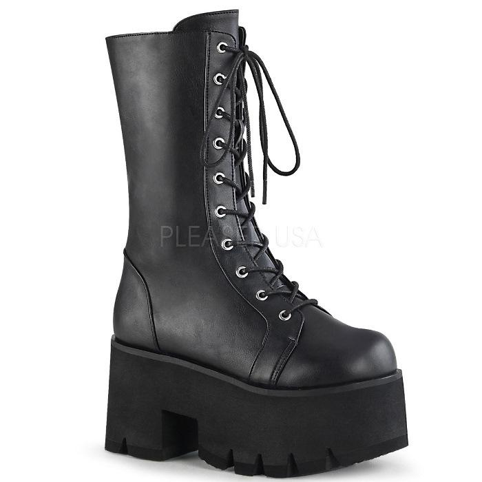demonia デモニア ミドルブーツ 厚底 9 cm ヒール 黒 ブラック 合皮 編み上げ レースアップ ジッパー チャンキーヒール 大きいサイズ 靴 レディース メンズ 取寄 | Pleaser