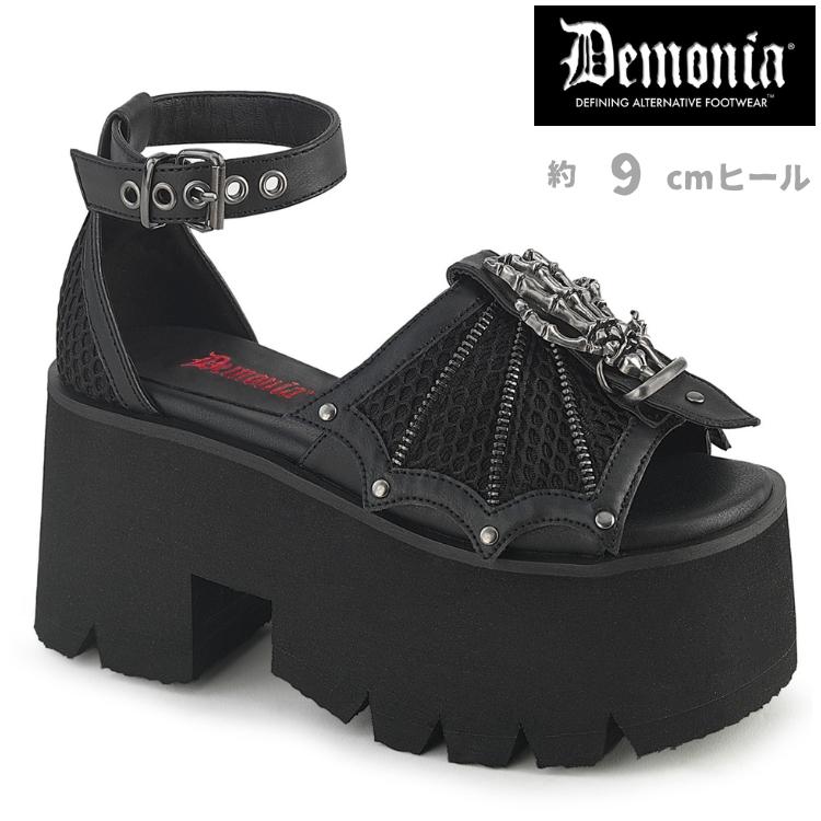 demonia デモニア サンダル 厚底 9cm ヒール チャンキーヒール 黒 ブラック つや消し 合皮 大きいサイズ スタッズ シューズ 靴 レディース メンズ 兼用 取寄 | Pleaser
