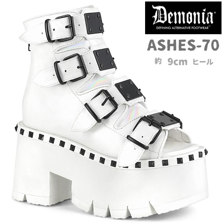 ブーツサンダル demonia デモニア 厚底 ショートブーツ レディース メンズ 9 cm ヒール 太ヒール ベルト スタッズ 白 ホワイト つや消し 大きいサイズ 取寄 | Pleaser