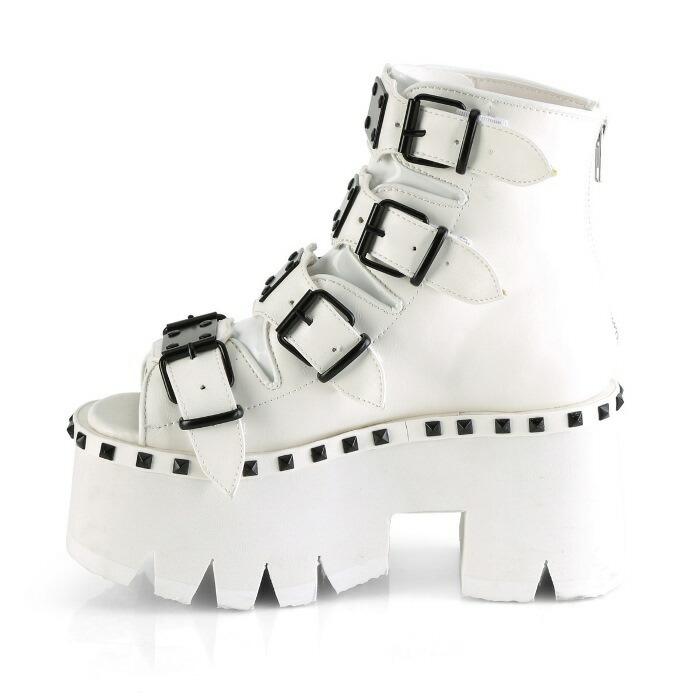 ブーツサンダル demonia デモニア 厚底 ショートブーツ レディース メンズ 9 cm ヒール 太ヒール ベルト スタッズ 白 ホワイト つや消し 大きいサイズ 取寄 | Pleaser | 02