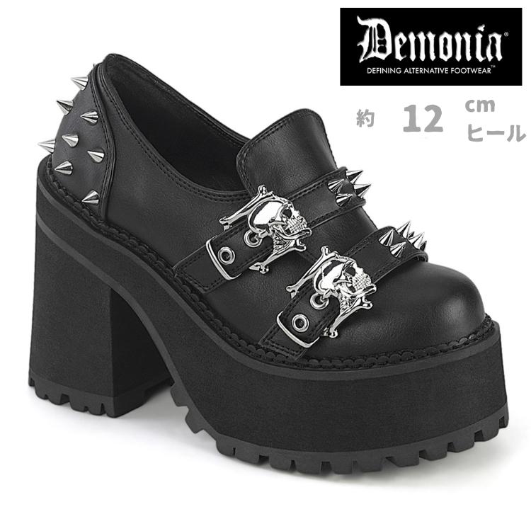 Demonia デモニア 厚底 パンプス 12cm ヒール 黒 ブラック 合皮 フェイクレザー スタッズ パンク ロック V系 ローファー シューズ 靴 レディース メンズ 取寄 | Pleaser