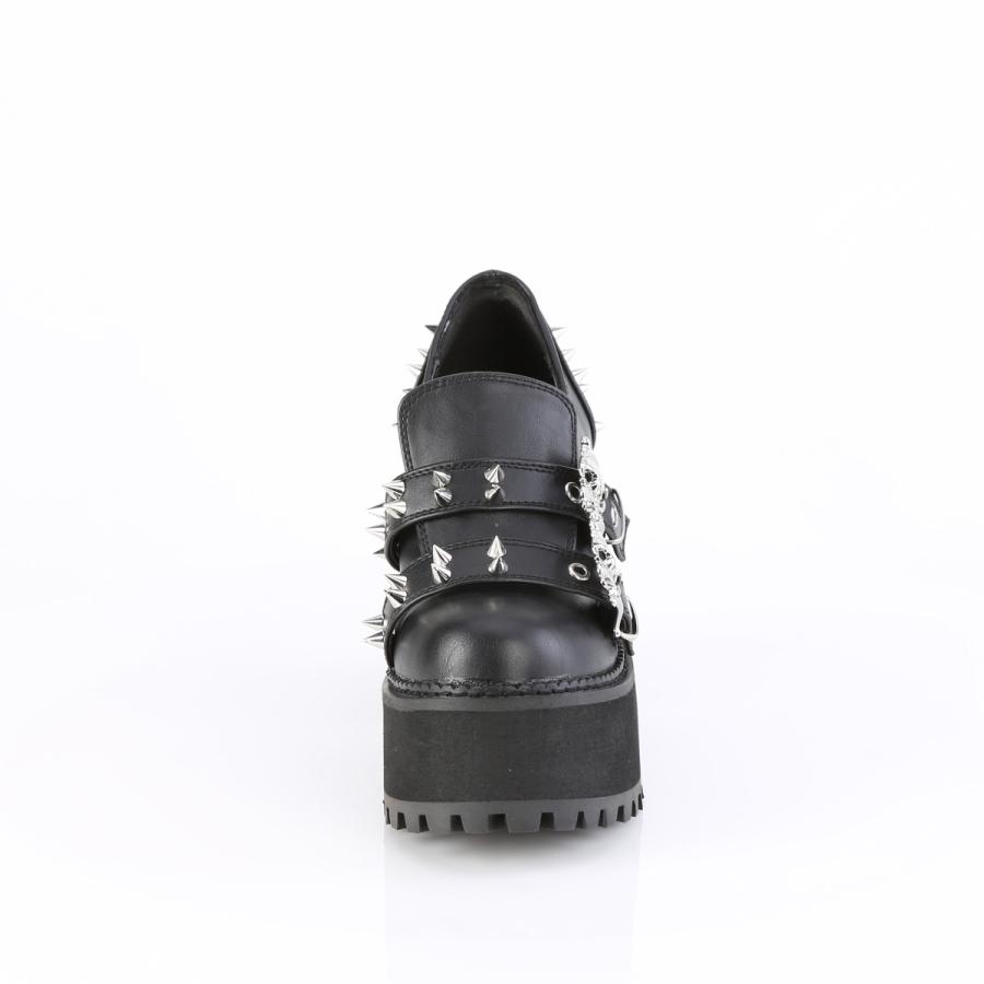 Demonia デモニア 厚底 パンプス 12cm ヒール 黒 ブラック 合皮 フェイクレザー スタッズ パンク ロック V系 ローファー シューズ 靴 レディース メンズ 取寄 | Pleaser | 01