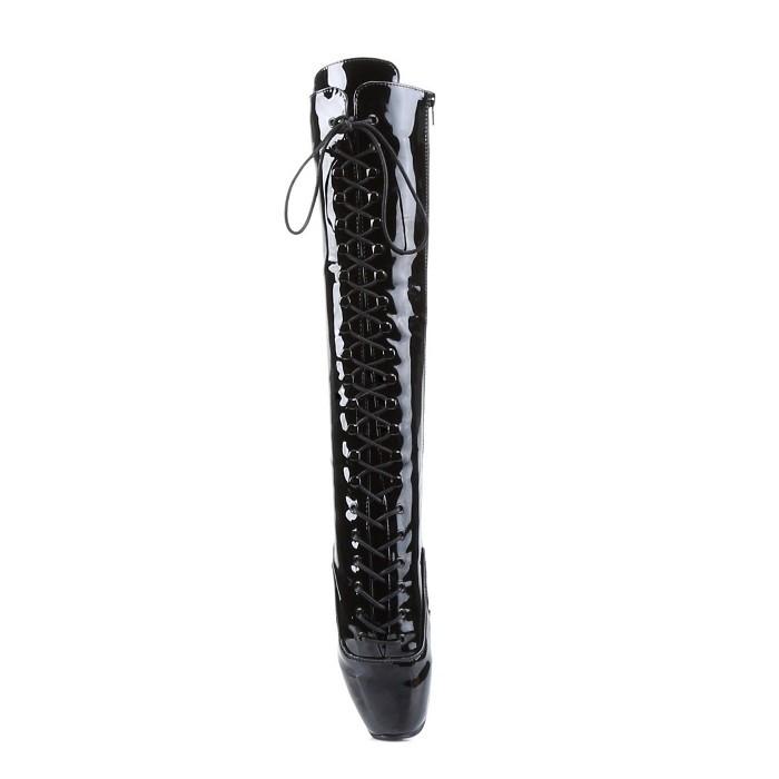 Pleaser プリーザー ロングブーツ 18 cm ヒール ハイヒール エナメル 黒 ブラック つま先立ち ポインテッドトゥ 編み上げ レースアップ 大きいサイズ 靴 取寄 | Pleaser | 01