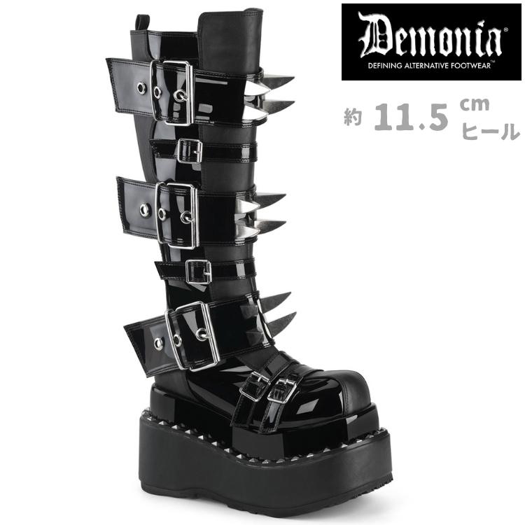 Demonia デモニア 厚底 ブーツ ロングブーツ ラバーソール 11.5 cm ヒール 黒 ブラック つや消し バックル ベルト 靴 大きいサイズ レディース メンズ 取寄 | Pleaser