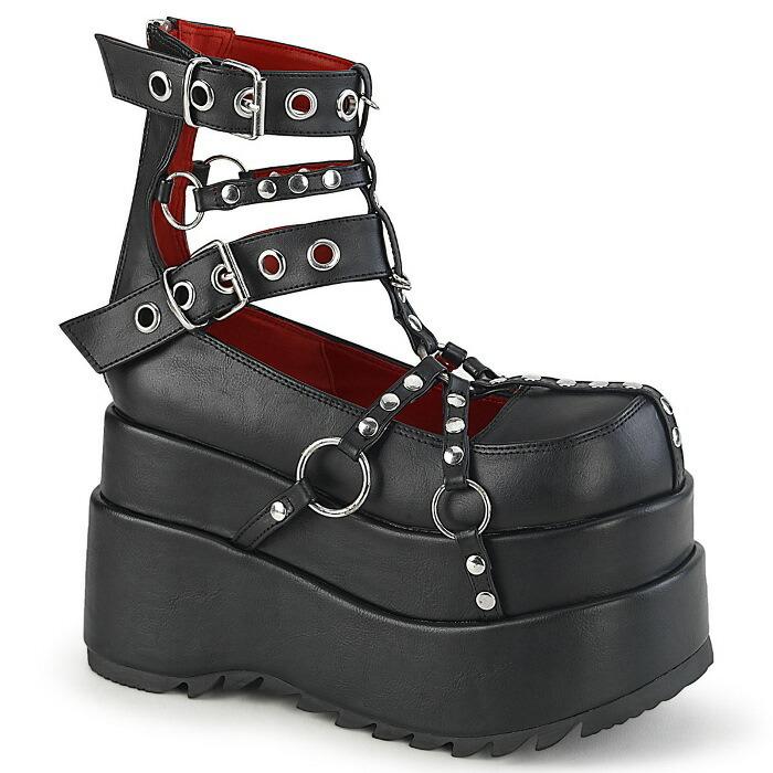 demonia デモニア 厚底 スニーカー ブーティー 11.5 cm ヒール 黒 ブラック 合皮 ベルト リング スタッズ 小さいサイズ 大きいサイズ レディース メンズ 取寄 | Pleaser