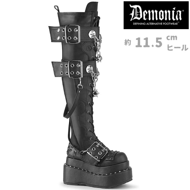 Demonia デモニア 厚底 ニーハイ サイハイ ブーツ ラバーソール 11.5 cm ヒール 黒 ブラック つや消し バックル ベルト 大きいサイズ レディース メンズ 取寄 | Pleaser