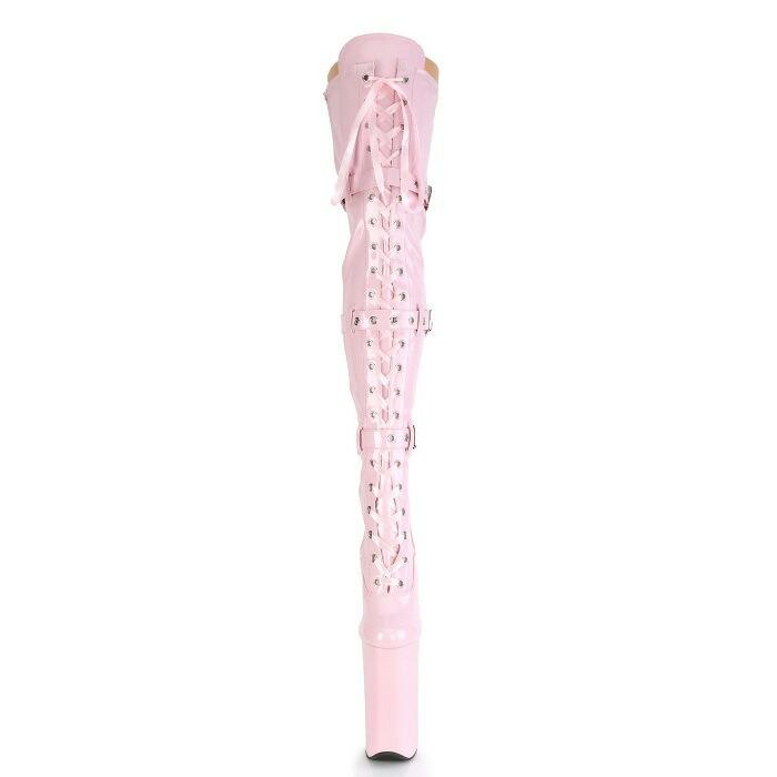 Pleaser プリーザー ニーハイブーツ サイハイブーツ 25.5 cm ヒール 厚底 ハイヒール エナメル 桃色 ベビー ピンク 編み上げ バックル ベルト 大きいサイズ 取寄｜dimples｜02