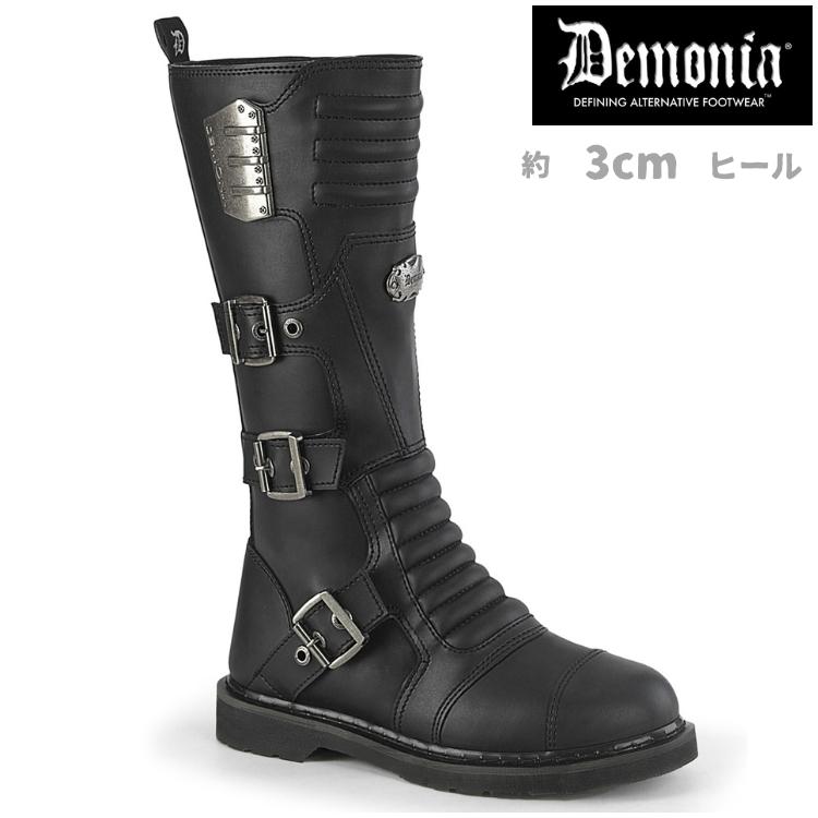 Demonia デモニア ロングブーツ 3cmヒール コンバットブーツ 黒 ブラック ベルト バックル ジッパー パンク ゴシック レディース メンズ 対応 BOLT-405 取寄 | Pleaser