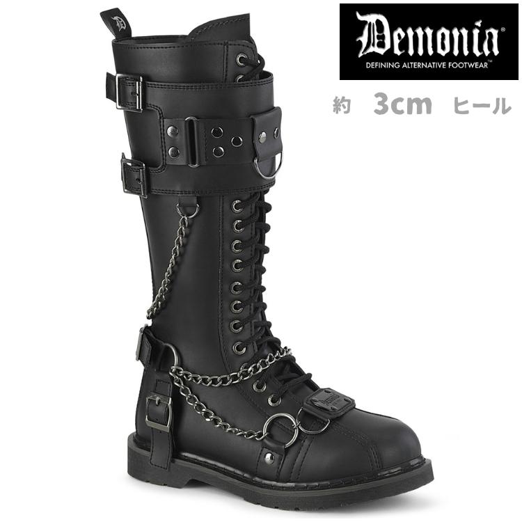 demonia デモニア 厚底 ブーツ メンズ ロングブーツ コンバットブーツ 3cm ヒール 黒 つや消し レースアップ ベルト バックル スタッズ チェーン 取寄 | Pleaser