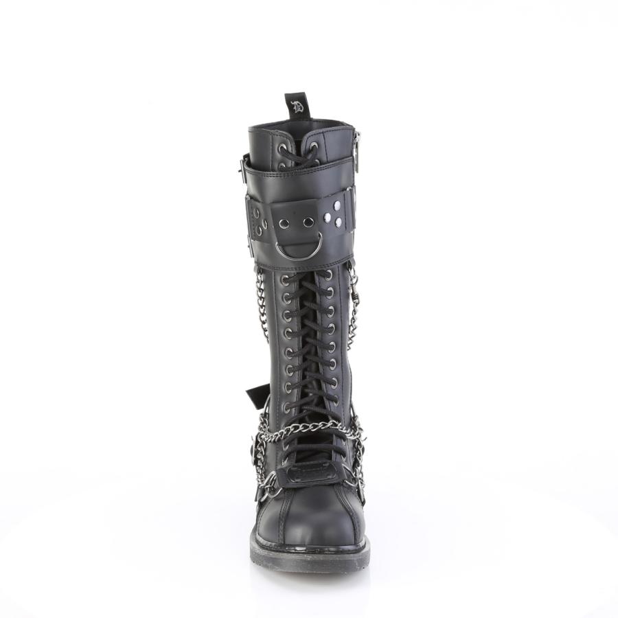 demonia デモニア 厚底 ブーツ メンズ ロングブーツ コンバットブーツ 3cm ヒール 黒 つや消し レースアップ ベルト バックル スタッズ チェーン 取寄 | Pleaser | 01