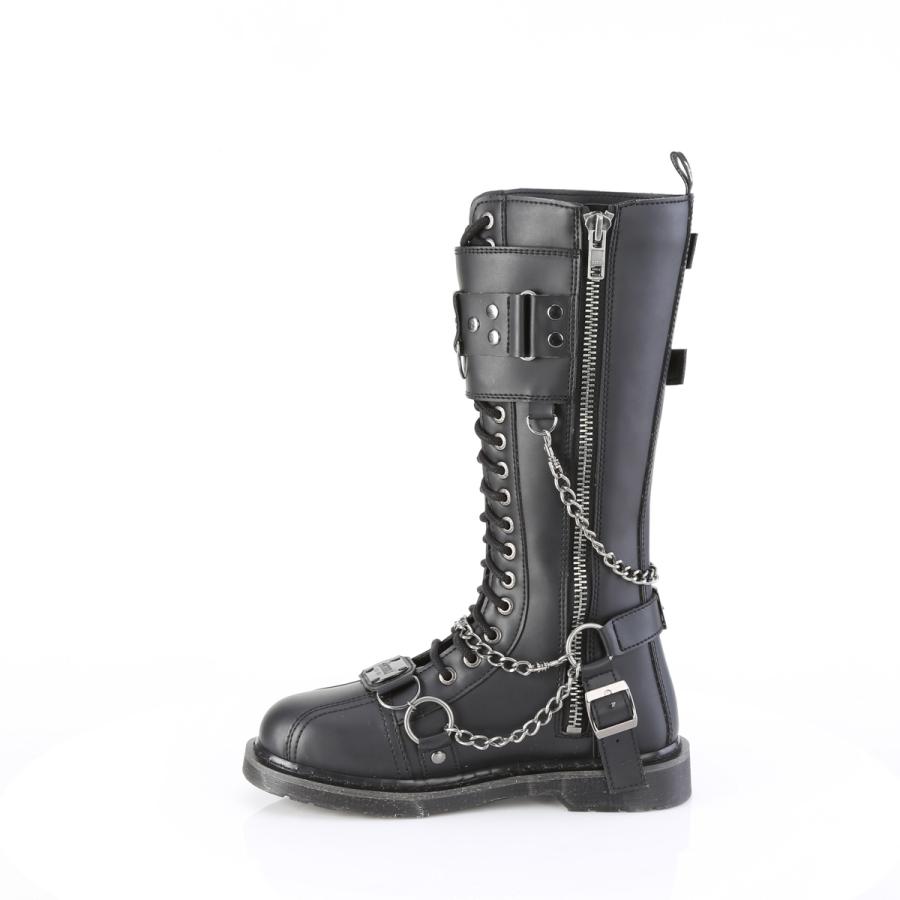 demonia デモニア 厚底 ブーツ メンズ ロングブーツ コンバットブーツ 3cm ヒール 黒 つや消し レースアップ ベルト バックル スタッズ チェーン 取寄 | Pleaser | 02