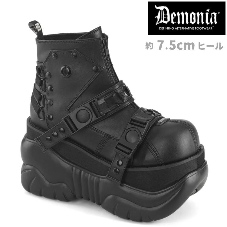Demonia デモニア 厚底スニーカー 7.5cmヒール 黒 バックル ジッパー メンズ 男女兼用 大きいサイズ対応 パンク ゴシック ライブ用 BOXER-60 即納 取寄 | Pleaser