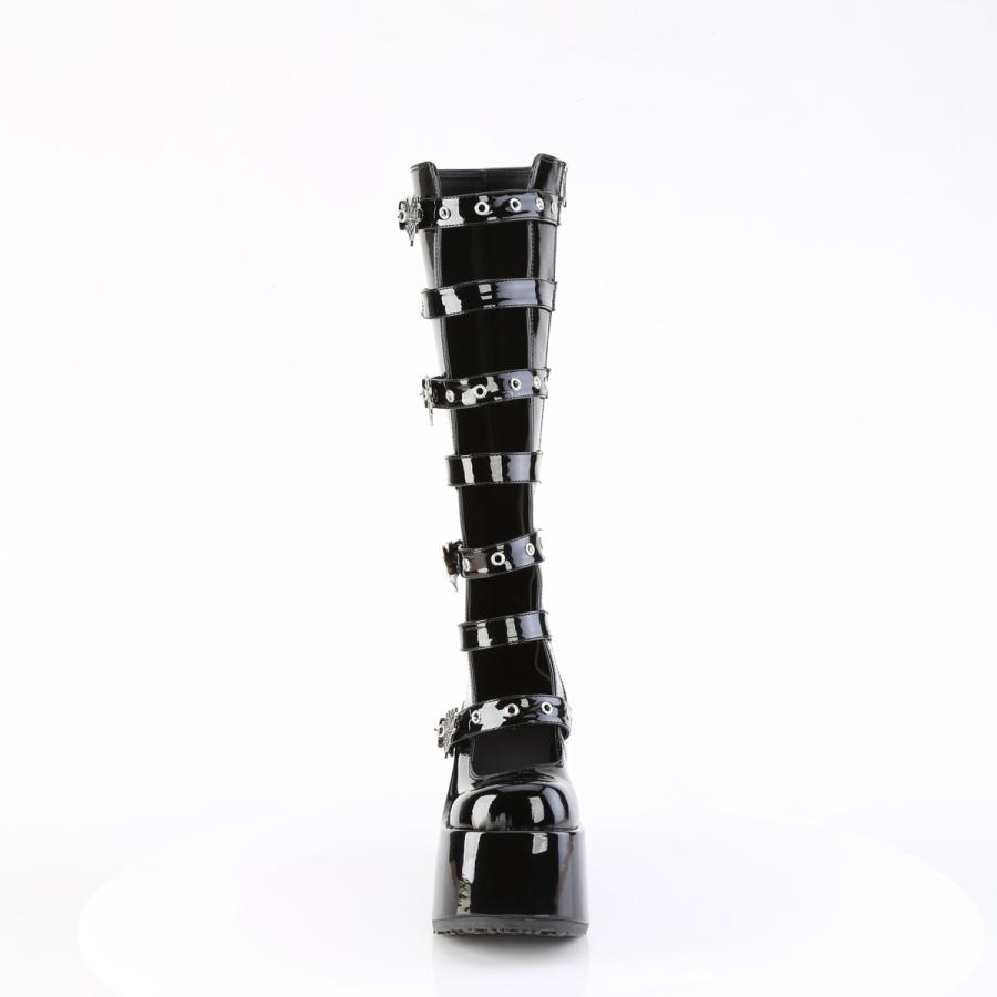 demonia デモニア ロングブーツ 厚底 ブーツ 13cm ヒール 黒 エナメル ベルト ジッパー 大きいサイズ 厚底靴 フロントオープン ステッチ レディース メンズ 取寄 | Pleaser | 01