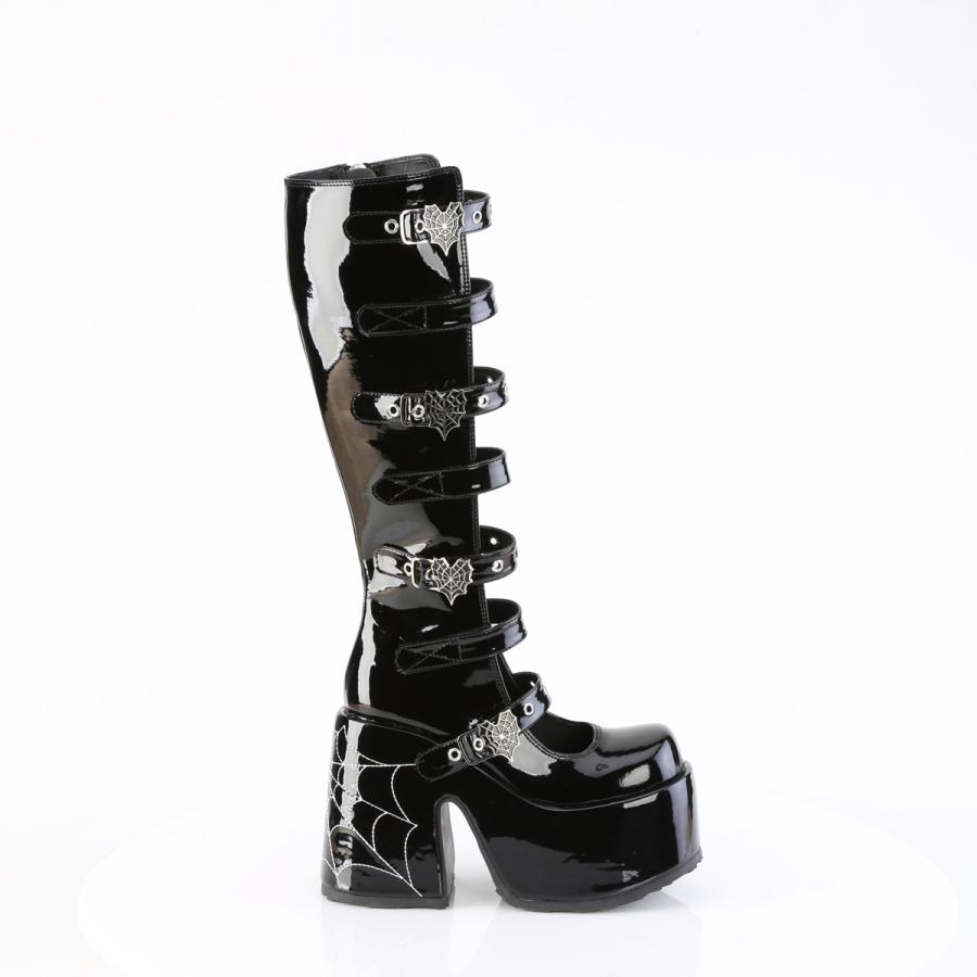 demonia デモニア ロングブーツ 厚底 ブーツ 13cm ヒール 黒 エナメル ベルト ジッパー 大きいサイズ 厚底靴 フロントオープン ステッチ レディース メンズ 取寄 | Pleaser | 04