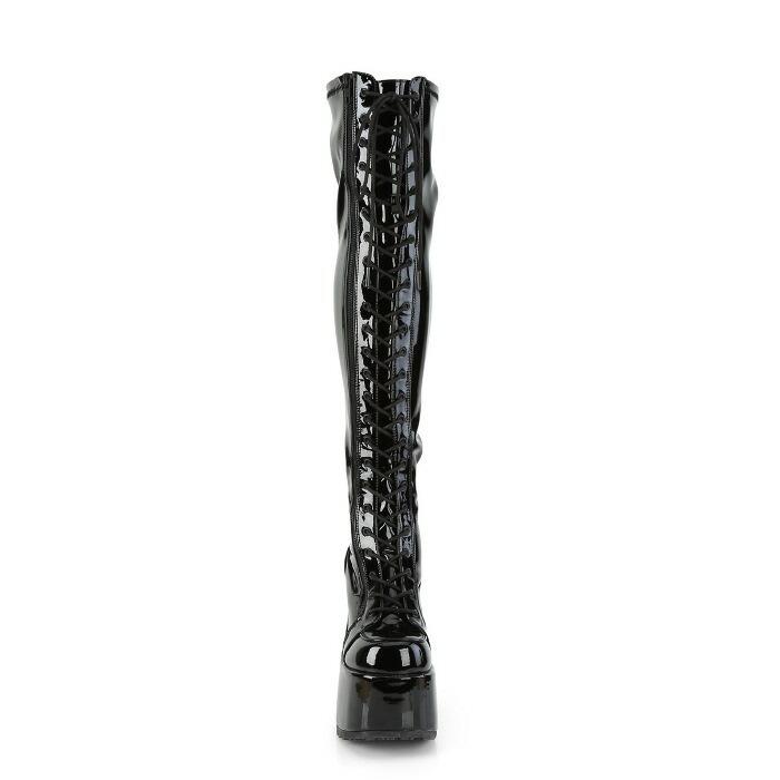 demonia デモニア ニーハイブーツ サイハイブーツ 13 cm ヒール 黒 ブラック エナメル 編み上げ チャンキーヒール 大きいサイズ 厚底靴 レディース メンズ 取寄 | Pleaser | 01