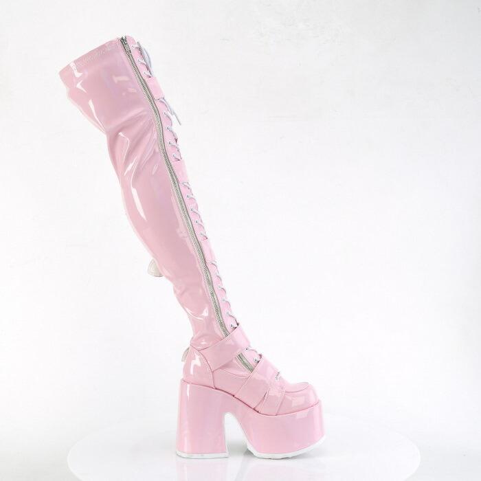 demonia デモニア ニーハイブーツ サイハイブーツ 13 cm ヒール ベビーピンク ホログラム ベルト レースアップ チャンキーヒール 厚底靴 レディース メンズ 取寄 | Pleaser | 04