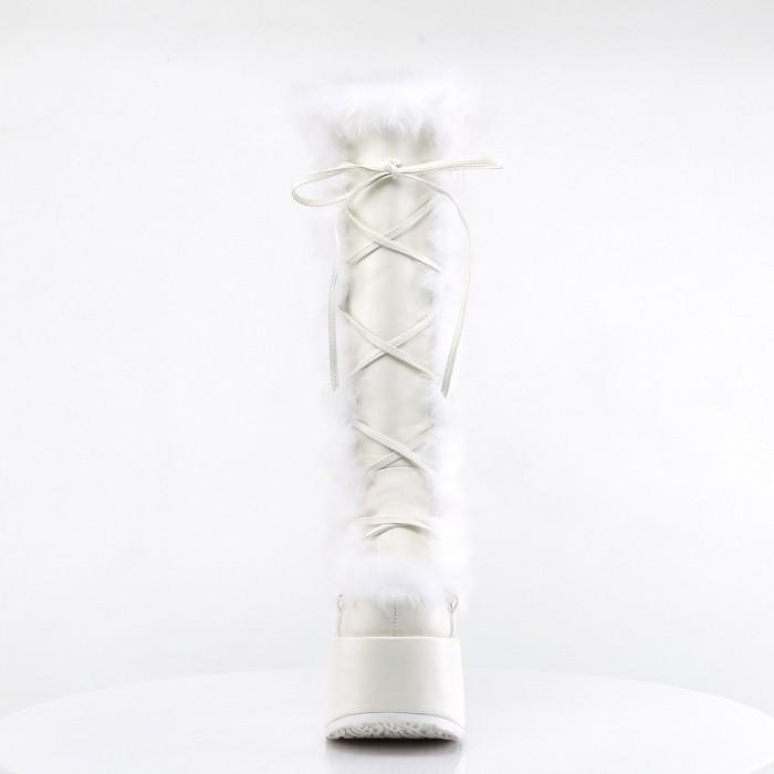 demonia デモニア ロングブーツ 厚底 13cm ヒール 白 ホワイト つや消し 編み上げ ジッパー 大きいサイズ 厚底靴 フェイクファー シューズ CAMEL-311 取寄 | Pleaser | 01