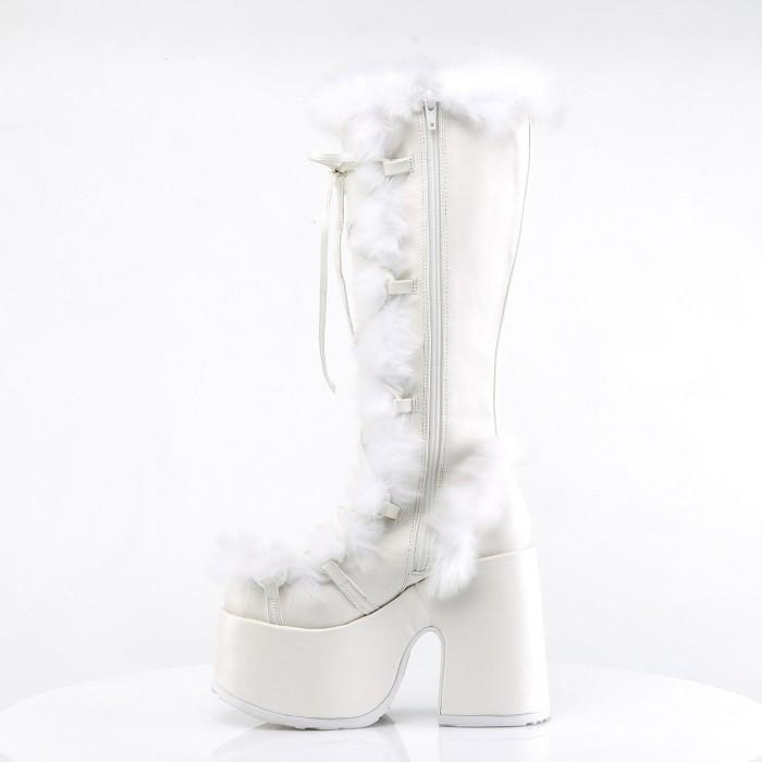 demonia デモニア ロングブーツ 厚底 13cm ヒール 白 ホワイト つや消し 編み上げ ジッパー 大きいサイズ 厚底靴 フェイクファー シューズ CAMEL-311 取寄 | Pleaser | 02