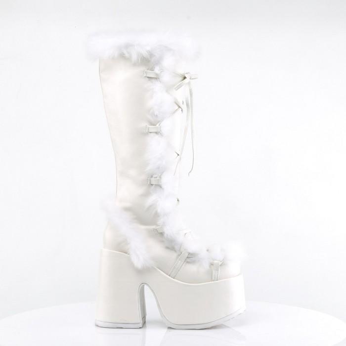 demonia デモニア ロングブーツ 厚底 13cm ヒール 白 ホワイト つや消し 編み上げ ジッパー 大きいサイズ 厚底靴 フェイクファー シューズ CAMEL-311 取寄 | Pleaser | 04