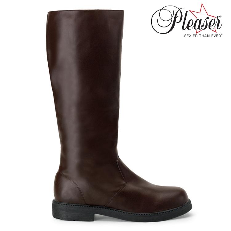 Pleaser プリーザー ロングブーツ メンズ ワイドな筒周り プラスサイズ ローヒール ラウンドトゥ 2.5cm ブロックヒール 茶 ブラウン つや消し 大きいサイズ 即納 | Pleaser