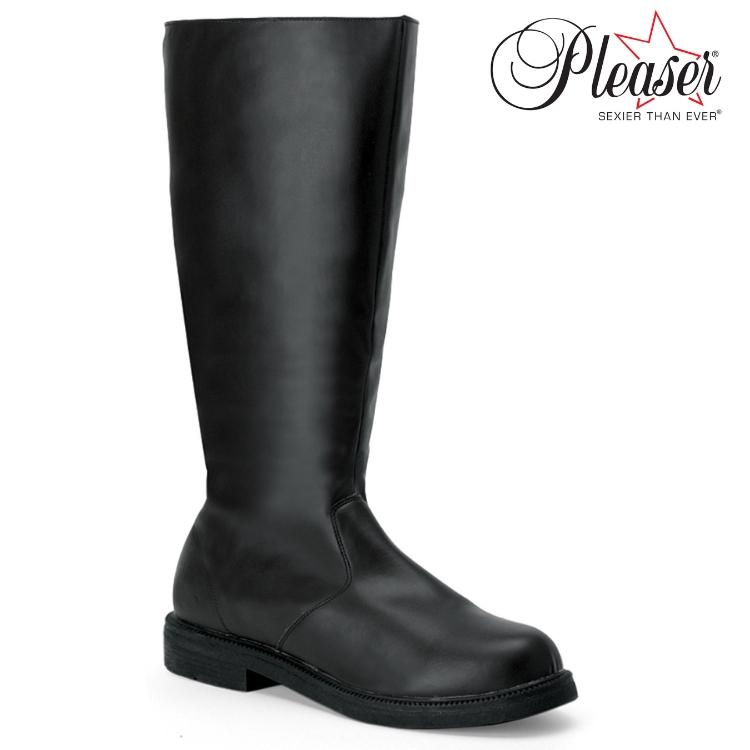 Pleaser プリーザー ロングブーツ メンズ ワイドな筒周り プラスサイズ ローヒール ラウンドトゥ 2.5cm ブロックヒール 黒 ブラック つや消し 大きいサイズ 取寄 | Pleaser