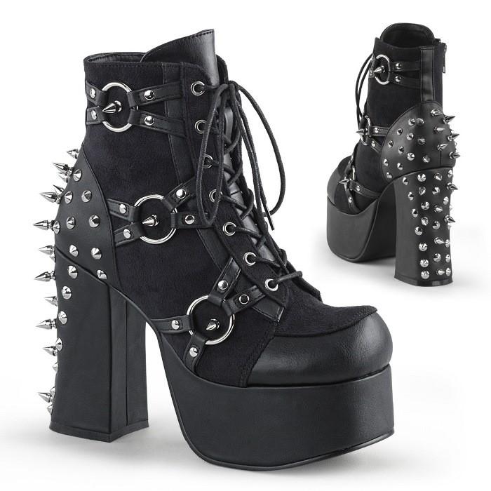 demonia デモニア ショートブーツ 厚底 11.5 cm ヒール 黒 ブラック 合皮 メタルリング スタッズ レースアップ チャンキーヒール 靴 レディース メンズ 取寄 | Pleaser