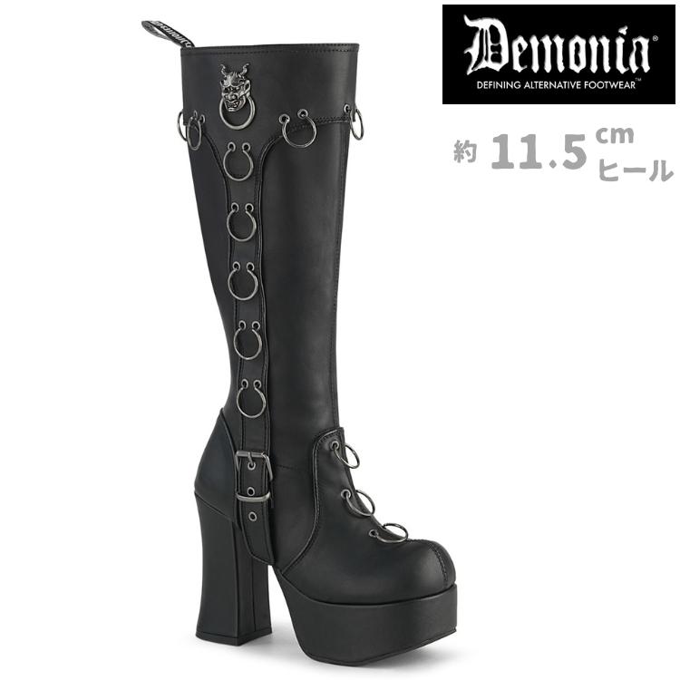 demonia デモニア 厚底 ブーツ ロングブーツ 約 11cm ヒール 12cm 黒 ブラック 合皮 チャンキーヒール 大きいサイズ 靴 シューズ レディース CHARADE-211 取寄 | Pleaser