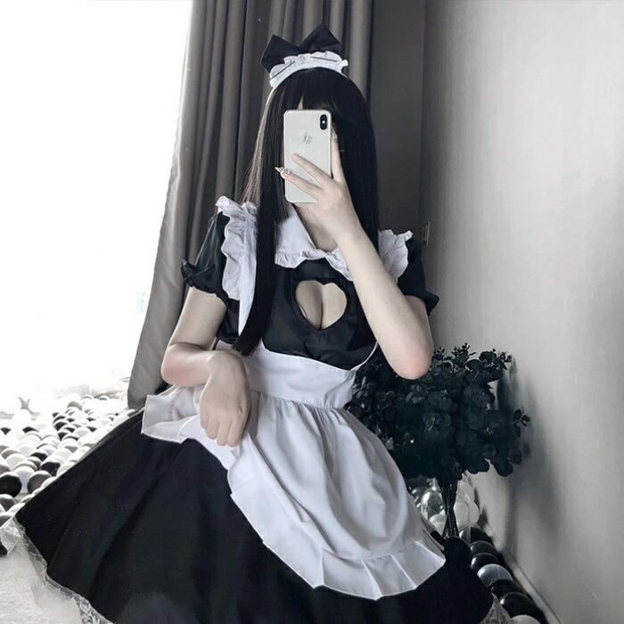 メイド服 コスプレ ネコ耳 黒 セクシー メイド 猫耳 ハート 仮装 レディース 半袖 ワンピース クラシック ハロウィン ロング フリル フリーサイズフルセット | ブランド登録なし | 01