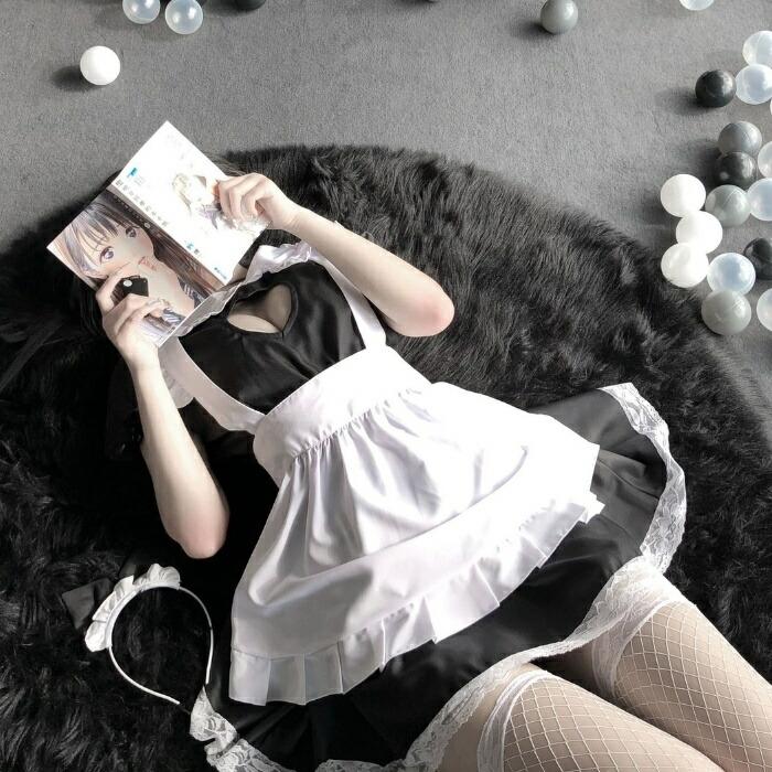 メイド服 コスプレ ネコ耳 黒 セクシー メイド 猫耳 ハート 仮装 レディース 半袖 ワンピース クラシック ハロウィン ロング フリル フリーサイズフルセット | ブランド登録なし | 02
