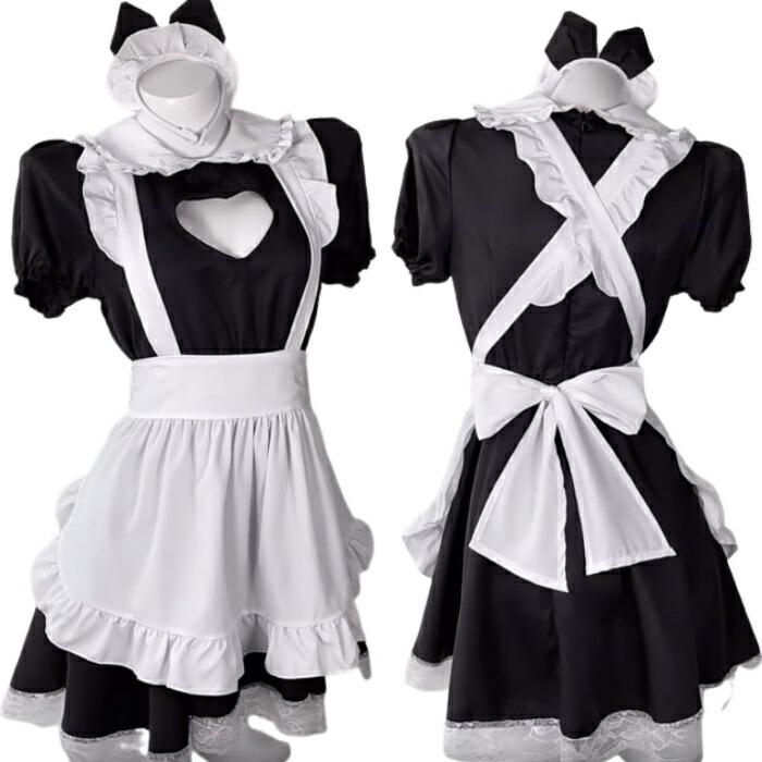 メイド服 コスプレ ネコ耳 黒 セクシー メイド 猫耳 ハート 仮装 レディース 半袖 ワンピース クラシック ハロウィン ロング フリル フリーサイズフルセット | ブランド登録なし | 03