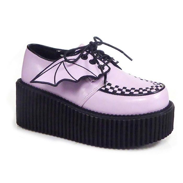 demonia デモニア クリーパーシューズ 厚底 ラバーソール 7.5cm ヒール ラベンダー バットウィング 編み上げ レースアップ 大きいサイズ レディース メンズ 取寄 | Pleaser