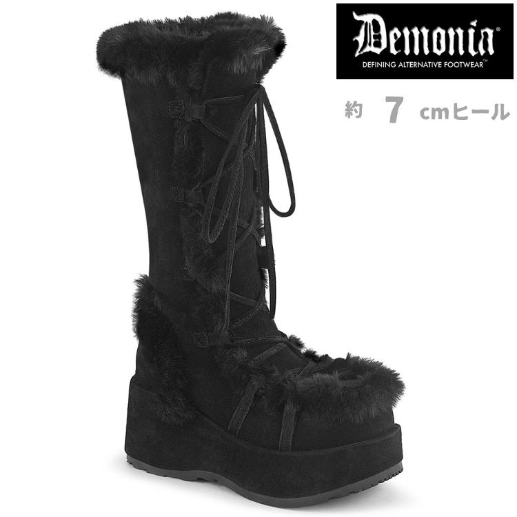 demonia デモニア ロングブーツ 厚底 ミドルブーツ 7cmヒール 黒 ブラック ビーガンスエード 編み上げ 大きいサイズ 厚底靴 フェイクファー CUBBY-311 取寄 | Pleaser