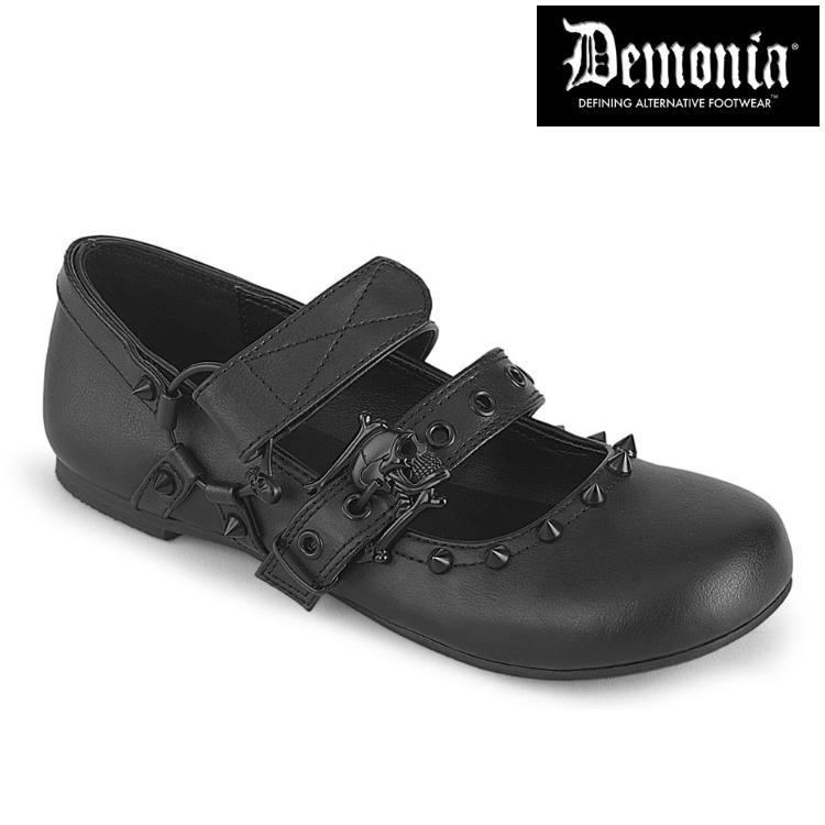demonia デモニア パンプス ぺたんこ フラットシューズ 黒 ブラック つや消し 合皮 ビーガンレザー スカル ダブルストラップ パンク ゴシック 靴 DAISY-03 取寄 | Pleaser