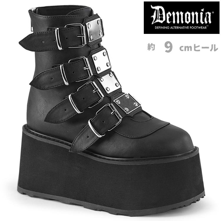demonia デモニア 厚底 アンクルブーツ ショートブーツ 厚底 9cm ヒール 黒 ブラック つや消し ベルト シューズ 厚底靴 レディース メンズ DAMNED-105 取寄 | Pleaser