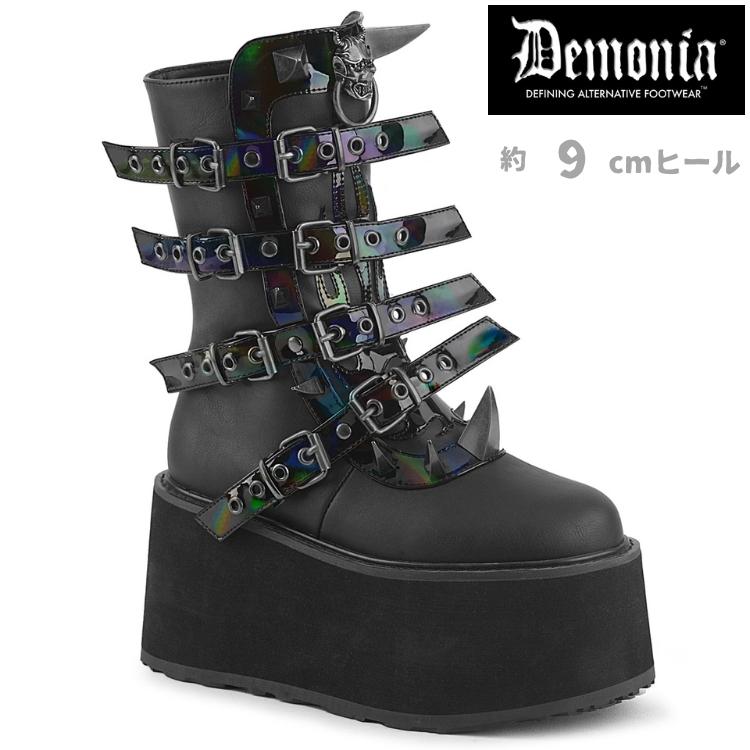 demonia デモニア 厚底 ブーツ ショートブーツ ミドルブーツ 厚底 9cm ヒール 黒 つや消し 合皮 ベルト スタッズ 大きいサイズ シューズ 靴 DAMNED-156 取寄 | Pleaser