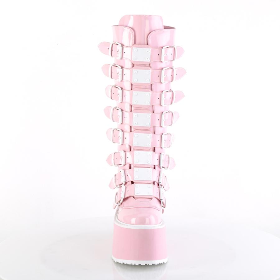 demonia デモニア 厚底 ブーツ ロングブーツ 9cm ヒール ピンク ホログラム メタルプレート ベルト ジッパー ゴスロリ 靴 レデ ィース メンズ DAMNED-318 取寄 | Pleaser | 01