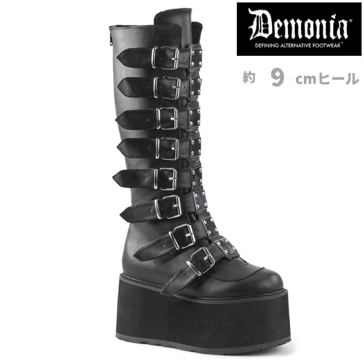 demonia デモニア ロングブーツ 厚底 9 cm ヒール 黒 ブラック 合皮 メタルプレート ベルト ジッパー 大きいサイズ レディース メンズ DAMNED-318 取寄 | Pleaser