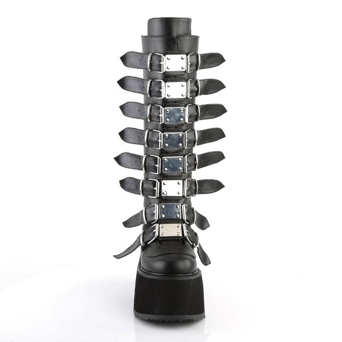demonia デモニア ロングブーツ 厚底 9 cm ヒール 黒 ブラック 合皮 メタルプレート ベルト ジッパー 大きいサイズ レディース メンズ DAMNED-318 取寄 | Pleaser | 01