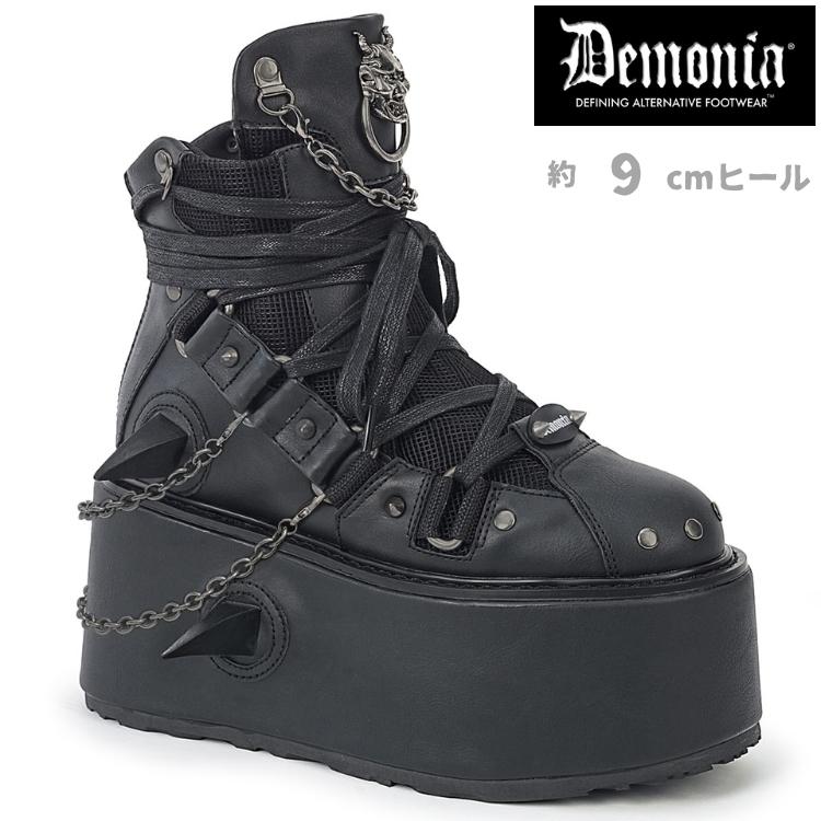 demonia デモニア 厚底 ブーツ ショートブーツ 9cm ヒール 黒 ブラック 合皮編み上げ チェーン スタッズ 大きいサイズ レディース メンズ DAMNED-60 取寄 | Pleaser