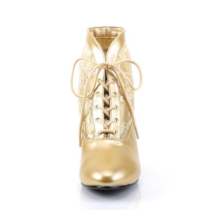 Pleaser プリーザー ローヒール ブーティー 5cm ヒール 低め 金色 ゴールド 合皮 大きいサイズ レディース メンズ ハイヒール 花柄 レース 編み上げ 靴 取寄 | Pleaser | 01