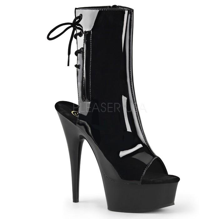 ショートブーツ ブーティ 厚底 Pleaser プリーザー 15 cm ヒール ブーツサンダル オープントゥ 黒 ブラック エナメル 編み上げ ジッパー レディース メンズ 取寄 | Pleaser