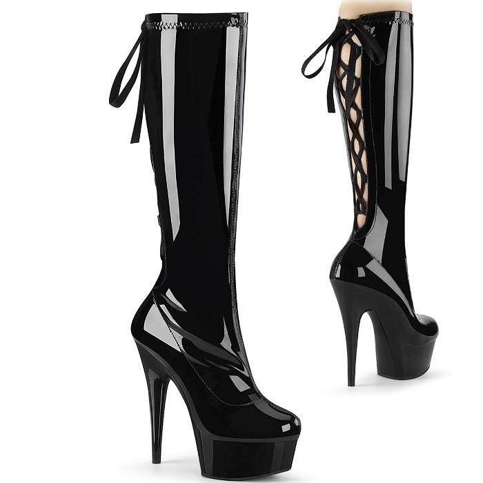 ロングブーツ 厚底 Pleaser プリーザー ブーツ 15 cm ヒール ハイヒール レースアップ 黒 ブラック エナメル ストレッチ 大きいサイズ レディース メンズ 取寄 | Pleaser