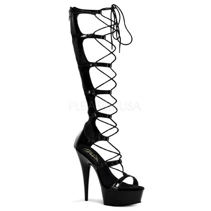 ブーツサンダル 厚底 Pleaser プリーザー ブーツ 15 cm ヒール ロングブーツ 黒 ブラック エナメル ハイヒール 編み上げ 大きいサイズ レディース メンズ 取寄 | Pleaser