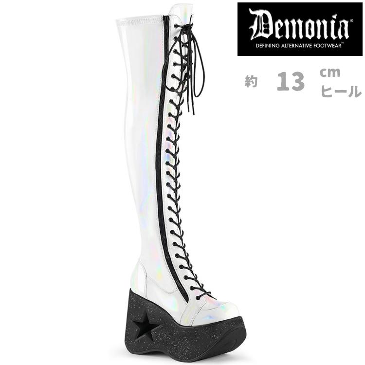 Demonia デモニア 厚底 ブーツ ニーハイ サイハイ 13cm ヒール 白 ホワイト ホログラム 編み上げ ジッパー ウェッジソール レディース メンズ DYNAMITE-300 取寄 | Pleaser