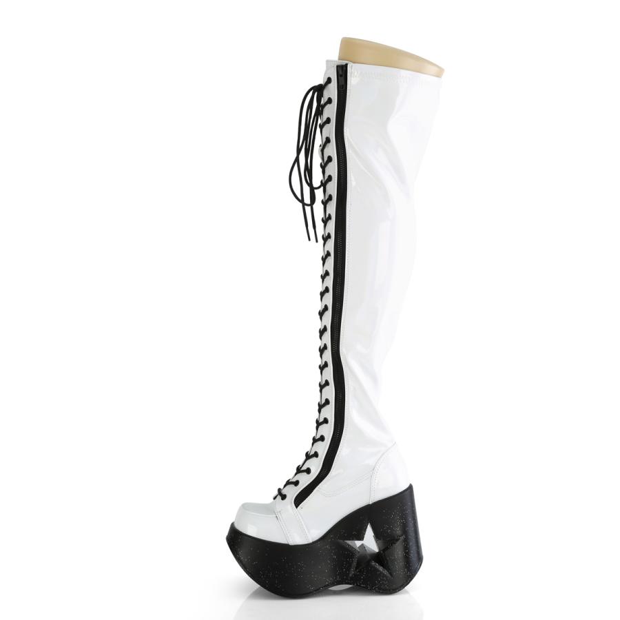 Demonia デモニア 厚底 ブーツ ニーハイ サイハイ 13cm ヒール 白 ホワイト ホログラム 編み上げ ジッパー ウェッジソール レディース メンズ DYNAMITE-300 取寄 | Pleaser | 02