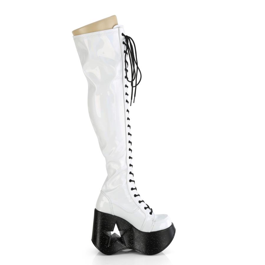 Demonia デモニア 厚底 ブーツ ニーハイ サイハイ 13cm ヒール 白 ホワイト ホログラム 編み上げ ジッパー ウェッジソール レディース メンズ DYNAMITE-300 取寄 | Pleaser | 04